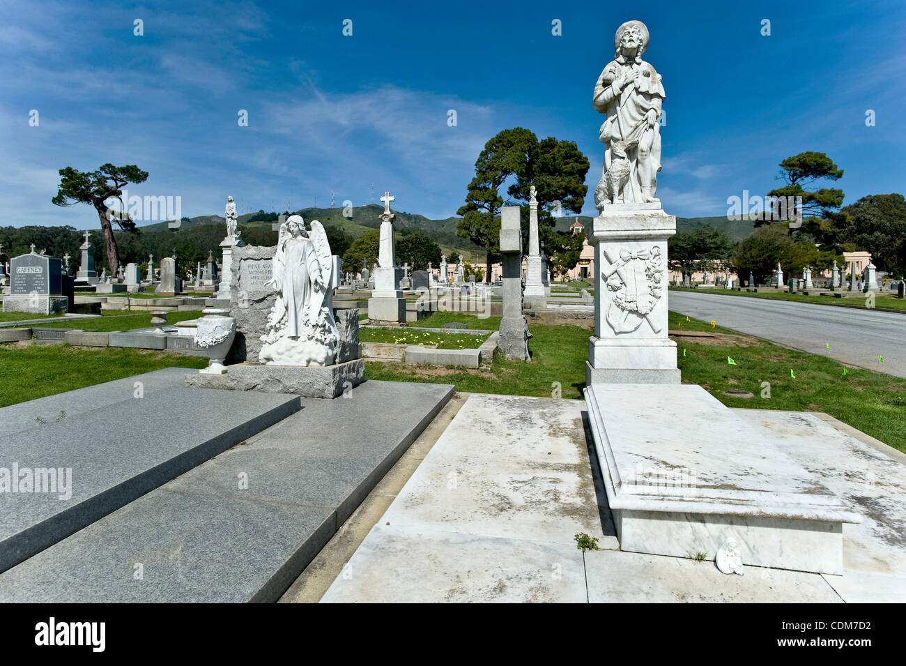 Apr.1, 2011 - Colma, California, USA -  Established as a 2.25 square mile necropolis in 1924, a place where San Franciscans could bury their dead, the city of Colma, California, whose city motto is 'It's Great To Be Alive In Colma!,' is currently home to 1,593 above ground residents and 1.5 million  Stock Photo