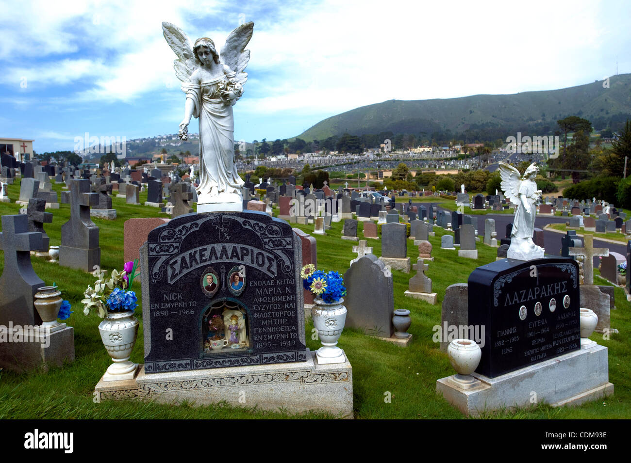 Apr.2, 2011 - Colma, California, U.S. -  Established as a 2.25 square mile necropolis in 1924, a place for San Franciscans to bury their dead, the city of Colma, California (city motto: ''It's Great To Be Alive In Colma!'') is currently home to 1,593 above ground residents and 1.5 million below.  Am Stock Photo