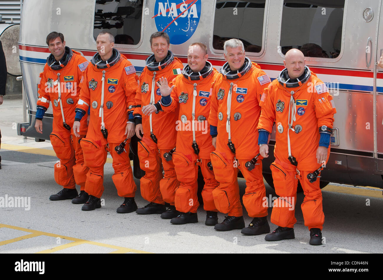April 29, 2011 - Cape Canaveral, Florida, U.S. - Space Shuttle Endeavor STS-134 Astronauts, L-R, Canadian born U.S. astronaut GREG CHAMITOFF, mission specialist DREW FEUSTEL, European Space Agency astronaut ROBERTO VITTORI of Italy, mission specialist MIKE FINCKE, British born U.S. astronaut, pilot  Stock Photo