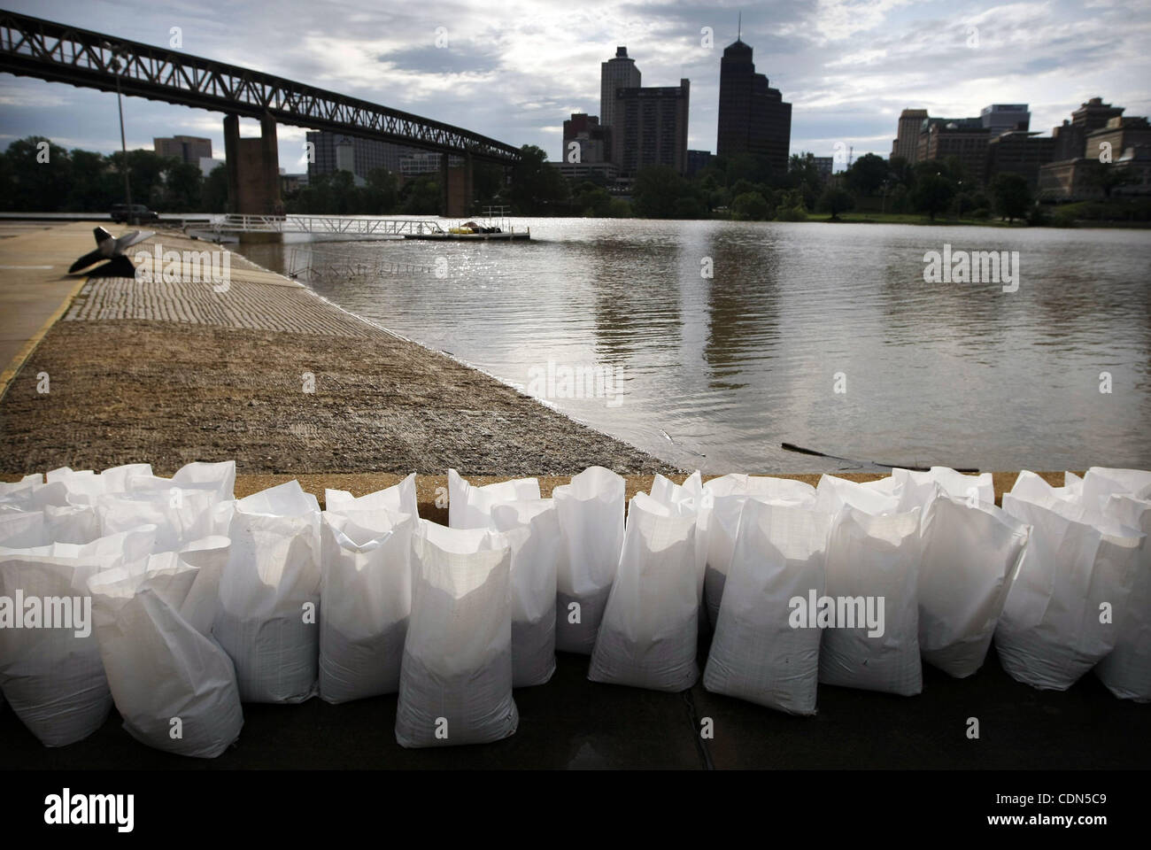 May 3, 2011 - Memphis, Tennessee, U.S. - Workers at the Mud Island River Park  filled some 2000 sand bags Tuesday morning as a contingency plan to block the raising river.  Floodwater creeping up the Wolfe and Loosahatchie Rivers threatened the area as the National Weather Service upped it's crest f Stock Photo
