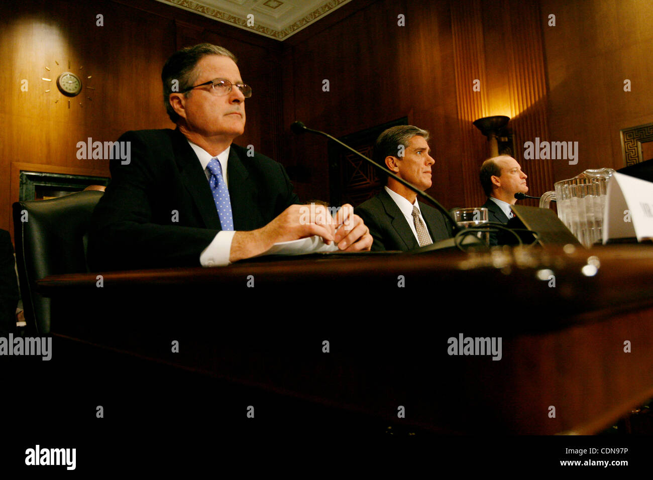May 12, 2011 - Washington, D.C, U.S. - Chevron CEO and Chairman JOHN WATSON (left), Shell Oil U.S. President MARVIN ODUM (center), and BP America Inc. President and Chairman H. LAMAR MCKAY (right) testifiy before the Senate Finance Committee hearing on ''Oil and Gas Tax Incentives and Rising Energy  Stock Photo