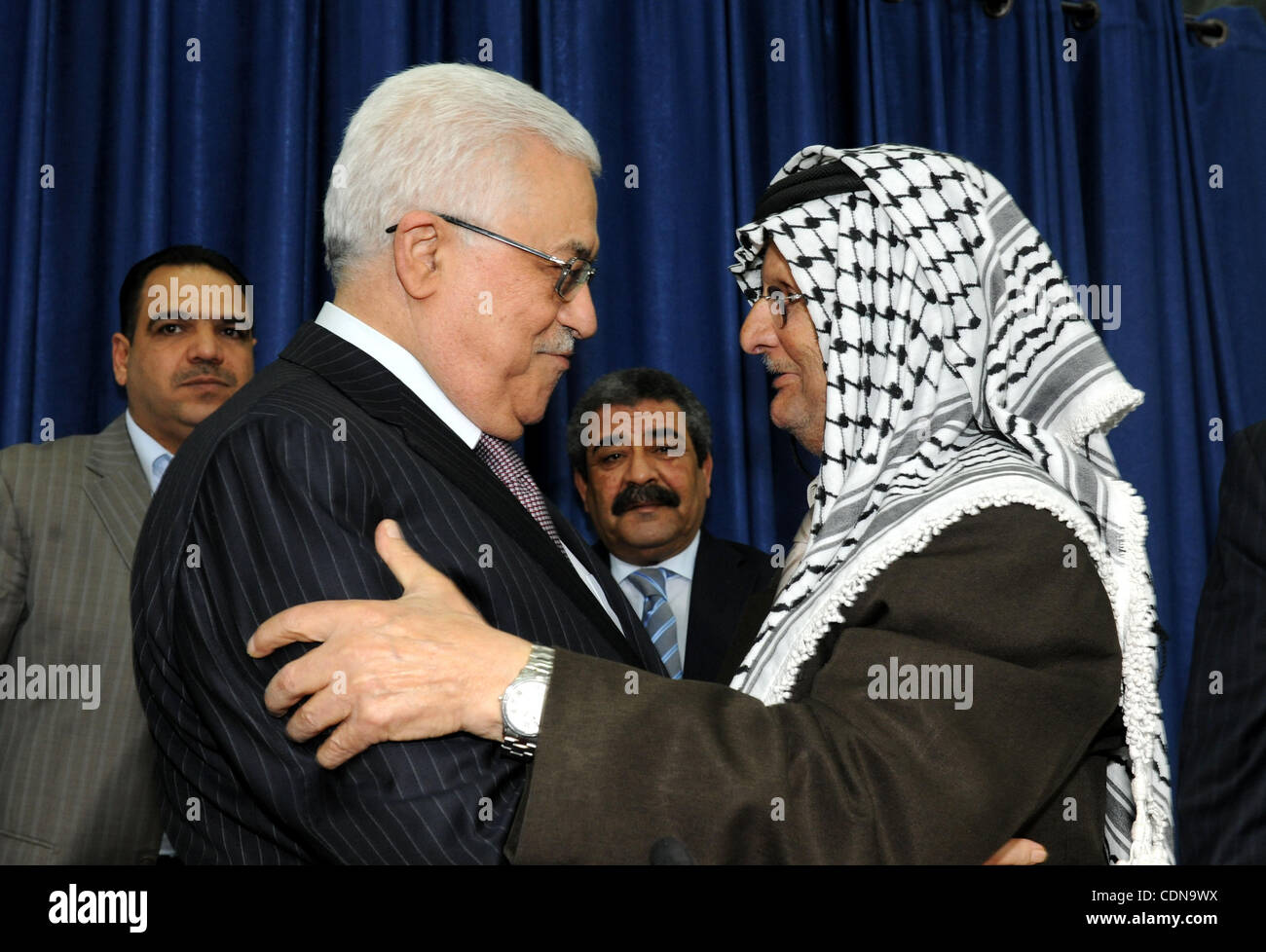 Palestinian President Mahmoud Abbas (Abu Mazen) meets with the participants of the fourth Palestinian Educational Cultural Forum in the West Bank city of Ramallah on May 14, 2011. Photo by Thaer Ganaim Stock Photo