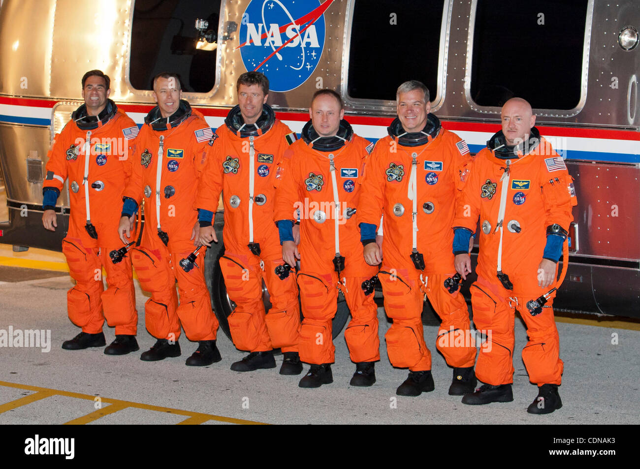 May 16, 2011 - Cape Canaveral, Florida, U.S. - Space Shuttle Endeavour STS-134 Astronauts, L-R, Canadian born U.S. astronaut GREG CHAMITOFF, mission specialist DREW FEUSTEL, European Space Agency astronaut ROBERTO VITTORI, of Italy,, mission specialist MIKE FINCKE, British born U.S. astronaut, pilot Stock Photo