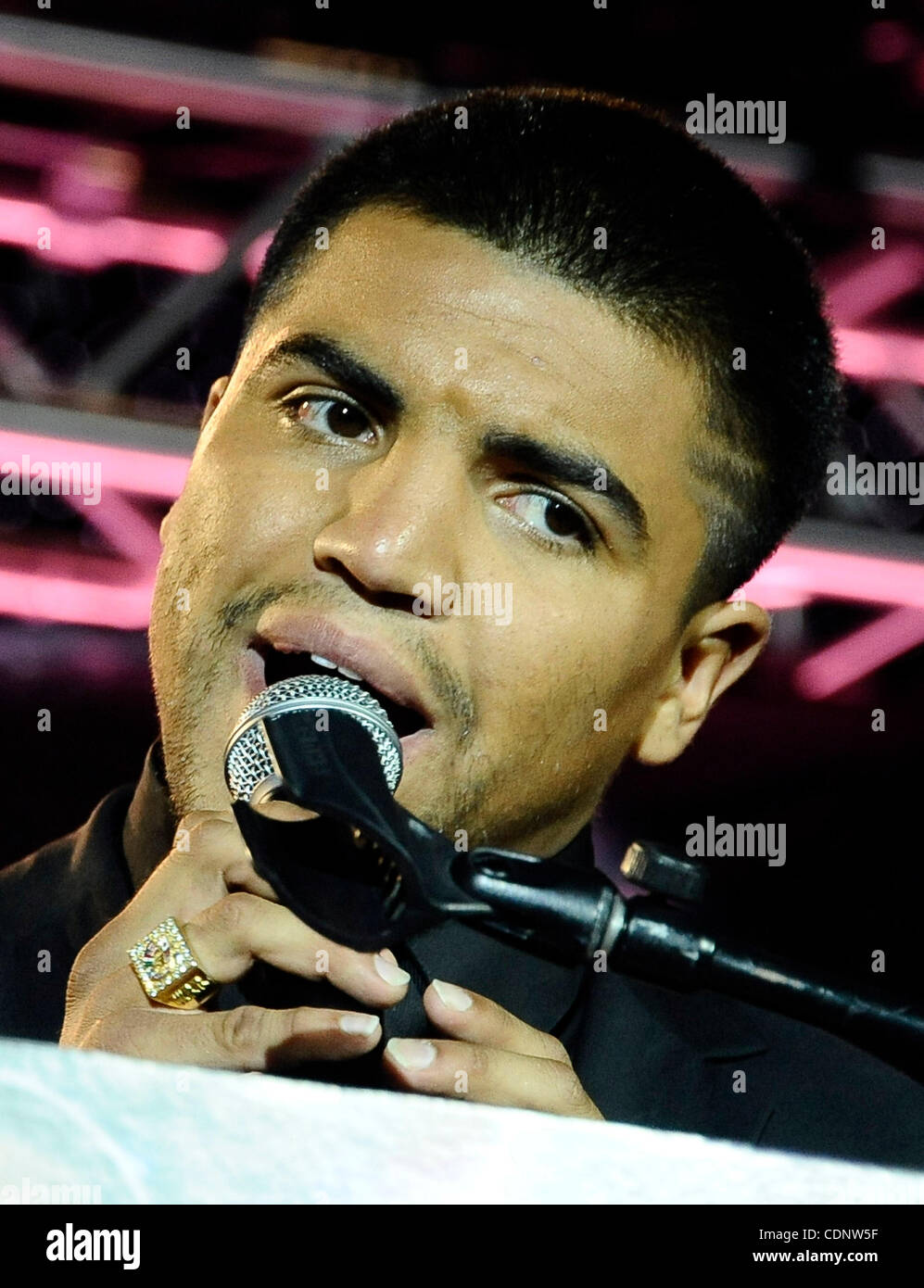 June 29,2011 - Los Angeles, California, USA. Victor Ortiz talks  at the Nokia center during a press conference on his upcoming fight with Floyd Mayweather Jr.  on Sept 17th at the MGM grand hotel in Las Vegas for the WBC welterweight title. (Credit Image: © Gene Blevins/ZUMAPRESS.com) Stock Photo
