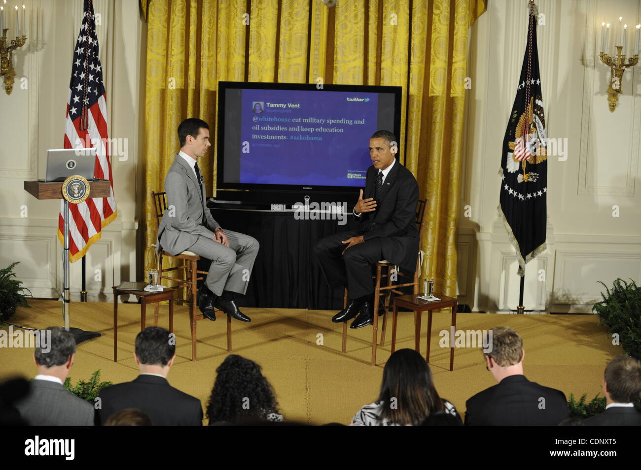 July 6, 2011 - Washington, District of Columbia, U.S. - 7/6/11-  The The White House Washington DC.President Barack Obama holds a Twitter Town Hall and is moderated by Jack Dorsey, Twitter co-founder and Executive Chairman. The event takes place in the East Room of the White House. . photo:  - Image Stock Photo