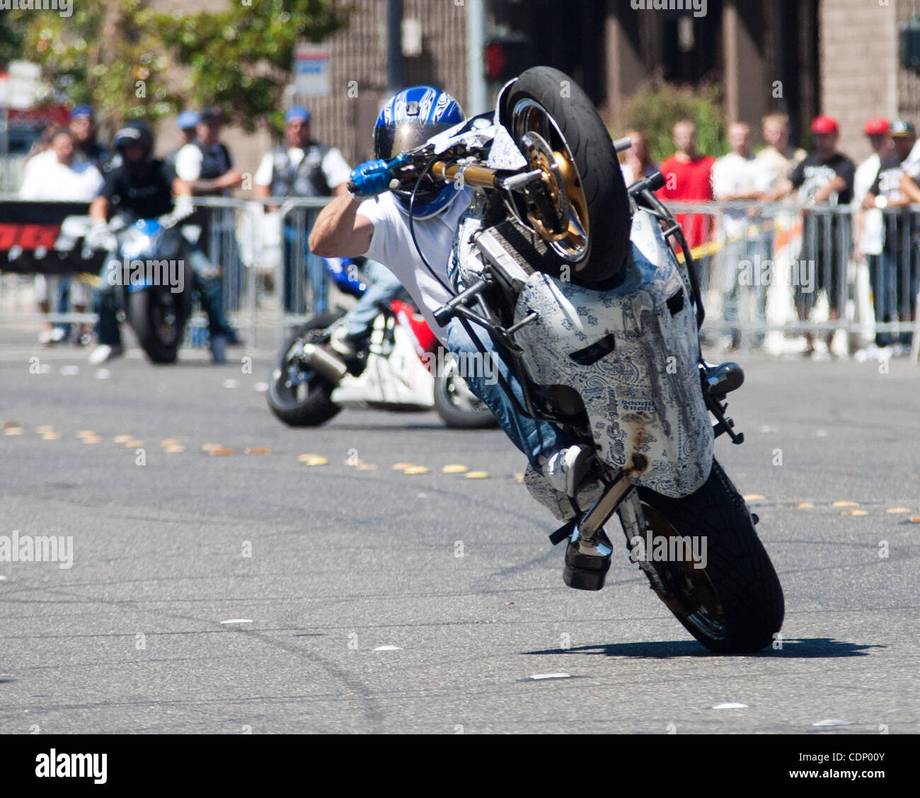July 9, 2011 - Modesto, CA, U.S - Hooligans Motorcycle Club heald the 7th annual Street Bike Festival Saturday July 10th, 2011(20110710) in Modesto CA. featuring one of the largest free street bike stunt exhibitions in the United States. Street bike athletes from all over Northern and Southern Calif Stock Photo