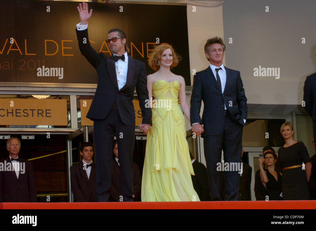 (L R) Brad Pitt, Jessica Chastain and Sean Penn attend "The Tree Of