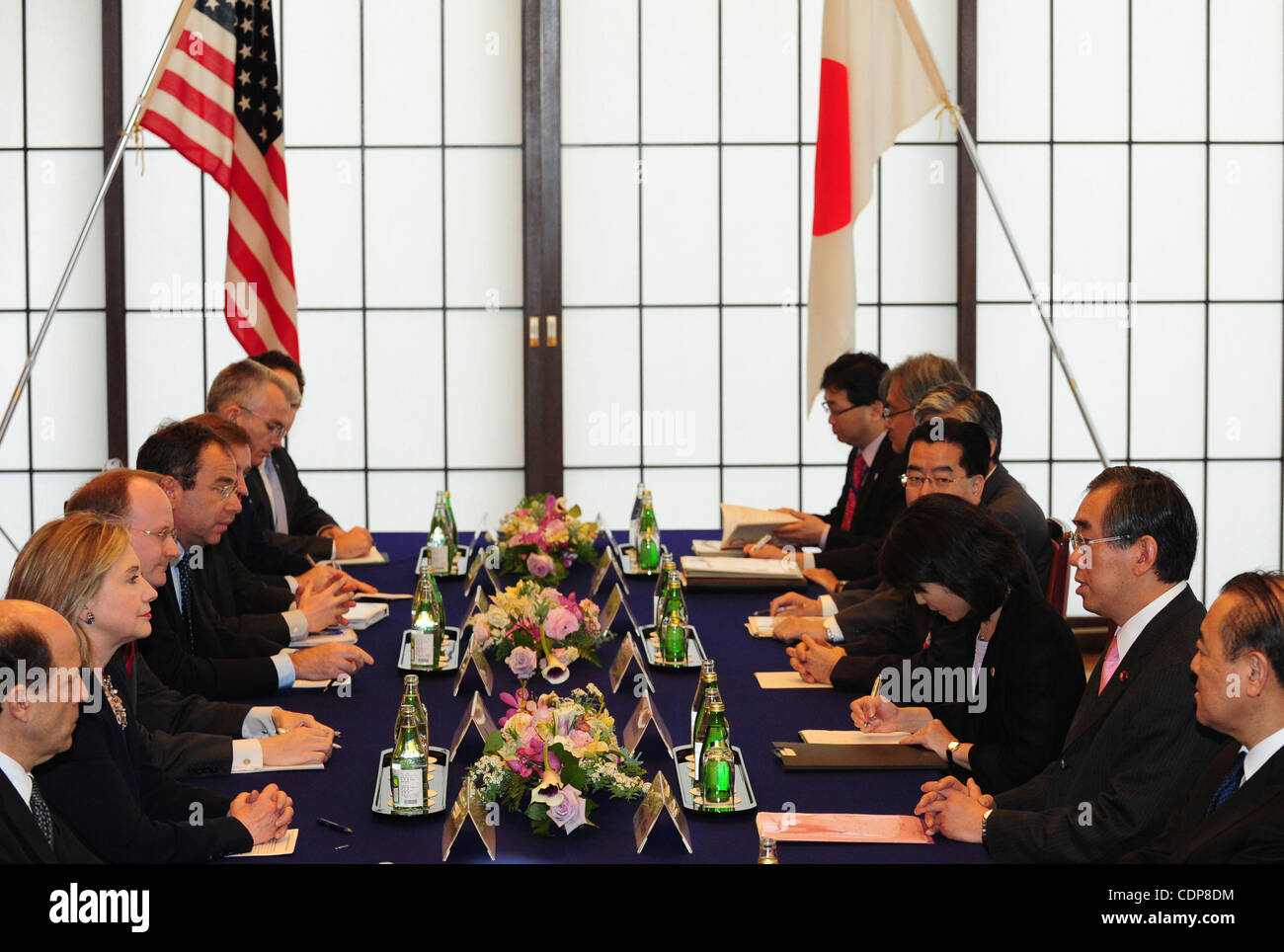 Apr. 17, 2011 - Tokyo, Japan - U.S. Secretary of State HILLARY CLINTON (L) talks to Japanese Foreign Minister TAKEAKI MATSUMOTO (R) during their meeting at the Iikura Guest House in Tokyo, Japan. Clinton is in Japan for a day visit. (Credit Image: © Ji Chunpeng-Pool/Jana Press/ZUMAPRESS.com) Stock Photo