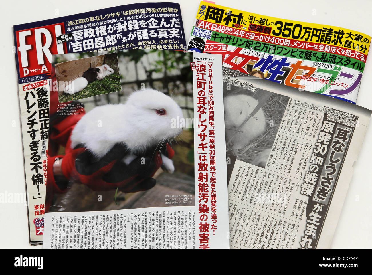 June 4, 2011 - Fukushima, Japan - Local weekly magazines, FRIDAY and Josei Seven are seen with articles on the new-born rabbit without ears found in Namie Town which is located just outside the 30km exclusion zone of the Fukushima Daiichi nuclear power station in Fukushima Prefecture, Japan. The own Stock Photo