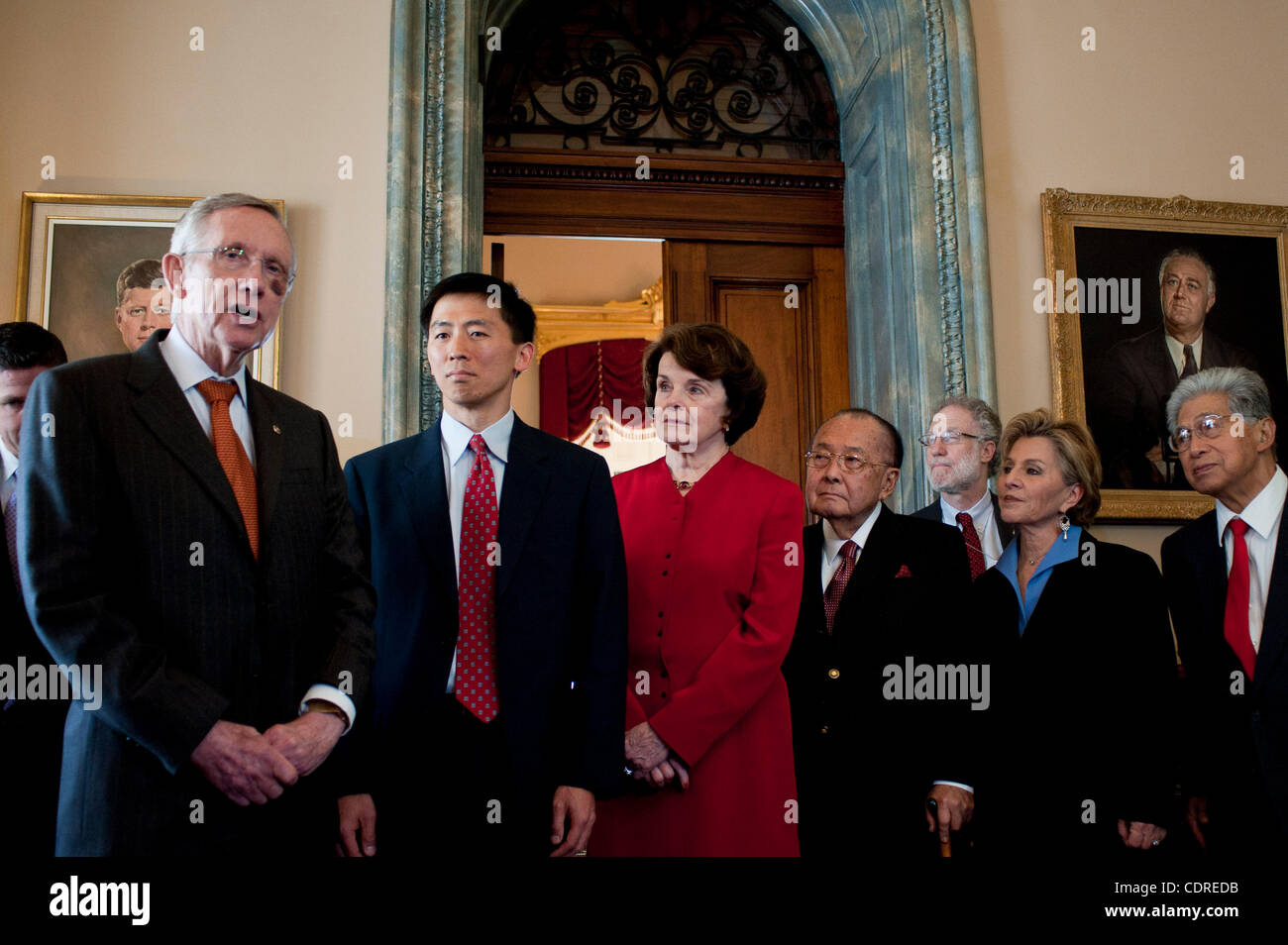May 18, 2011 - Washington, District of Columbia, U.S. - Majority Leader HARRY REID (D-NV) along with Senators DIANNE FEINSTEIN (D-CA), DANIEL INOUYE(D-HI), BARBARA BOXER (D-CA) and DANIEL AKAKA (D-HI) appear with appeals court nominee GOODWIN LIU at a press conference on Wednesday. The Senate is sch Stock Photo