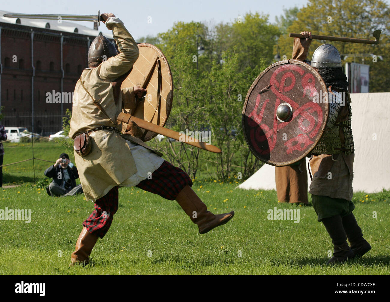 Legends of Norwegian Vikings` Viking Festival in St.Petersburg, Russia. For  three days in May in the area Kronverk fortress turned into a medieval  Norse settlement with hiking tents, stadium, shops and stalls