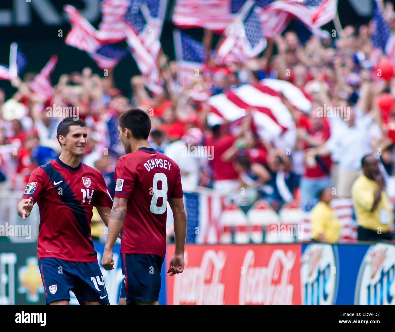June 16, 2011 - Washington, District of Columbia, United States of America - United States Defender Eric Lichaj #14 and Midfielder Clint Dempsey #8 about to celebrate after Dempsey scores late in the second half. The United State would go on to to defeat Jamaica 2-0 in the concacaf gold cup quarterf Stock Photo