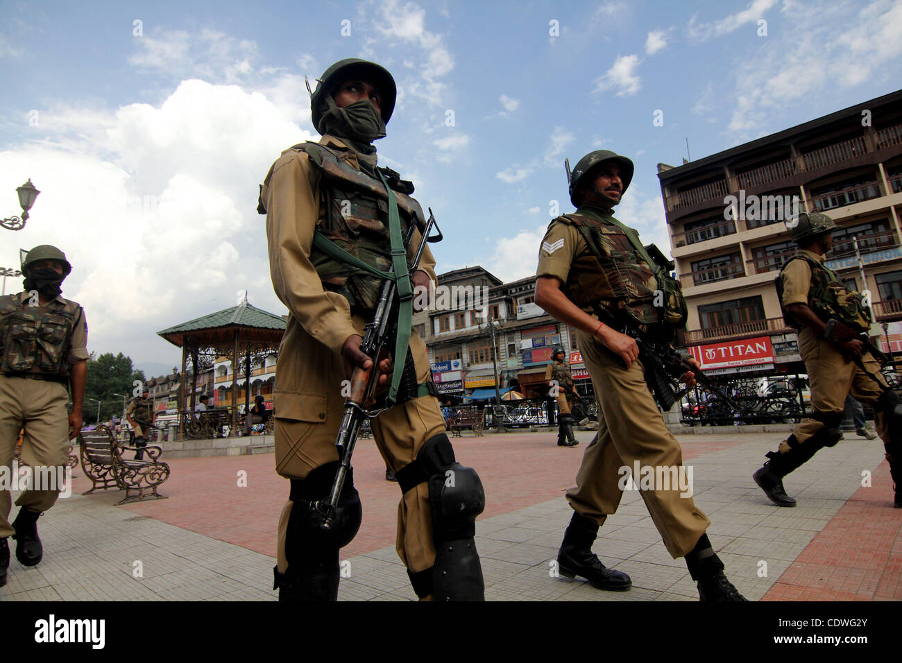 Jul 02, 2011 - Srinagar, Kashmir, India - Indian soldiers petroling during  a surprise raid on the main market in central Srinagar, the summer capital  of Jammu Kashmir. India and Pakistan have