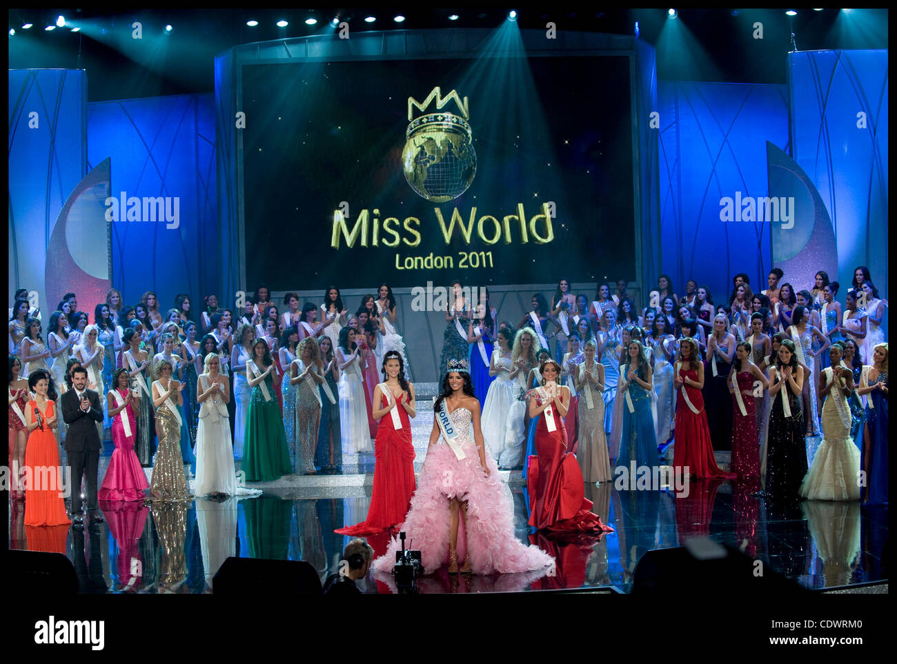 Nov. 6, 2011 - London, United Kingdom - Miss Venezuela Ivian Lunasol Sarcos Colmenares wins  the 2011 Miss World final at Earls Court London, with Gwendoline Ruais from the Philippines (left, red dress) and 3rd place Amanda Perez from Puerto Rico (right red dress), Sunday November 6, 2011. Photo By  Stock Photo