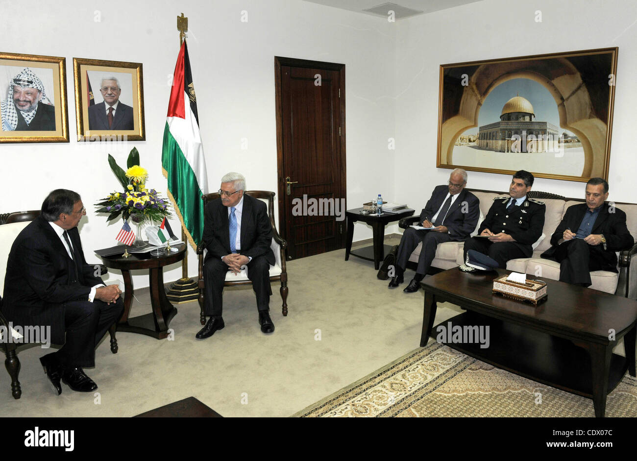 Palestinian President Mahmoud Abbas (Abu Mazen) meets with U.S. Defence Secretary Leon Panetta upon his arrival in the West Bank city of Ramallah on Oct. 3, 2011. Photo by Thaer Ganaim Stock Photo