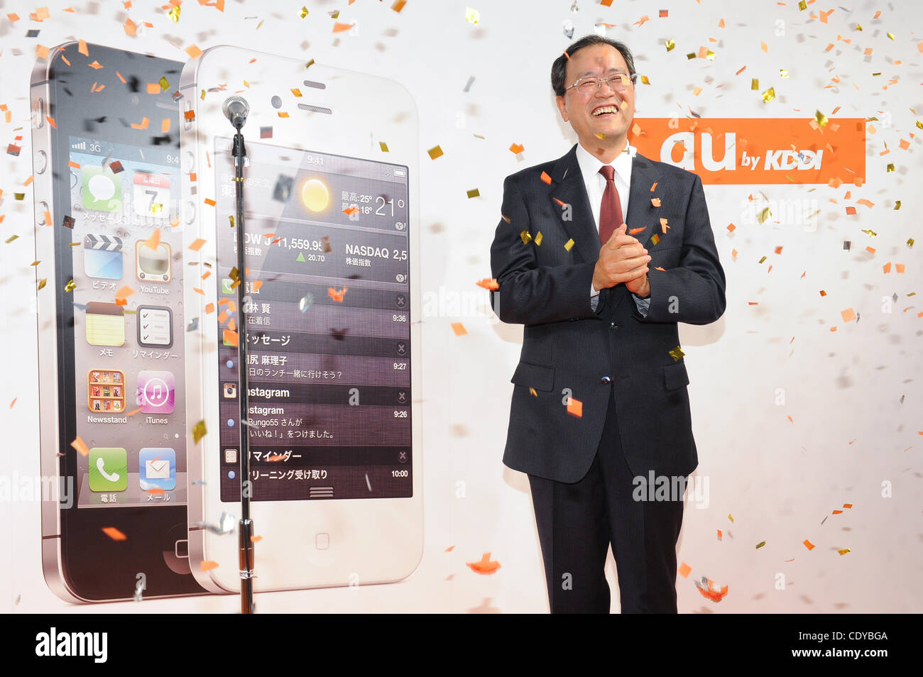 Oct. 14, 2011 - Tokyo, Japan - KDDI Corporation President TAKASHI TANAKA attends the launch event of the Apple Inc. iPhone 4S at the the KDDI's shop in Tokyo, Japan. iPhone 4S will be released simultaneously in 7 countries. iPhone 4S will be sold by Softbank and AU, 2 carriers for the first time in  Stock Photo