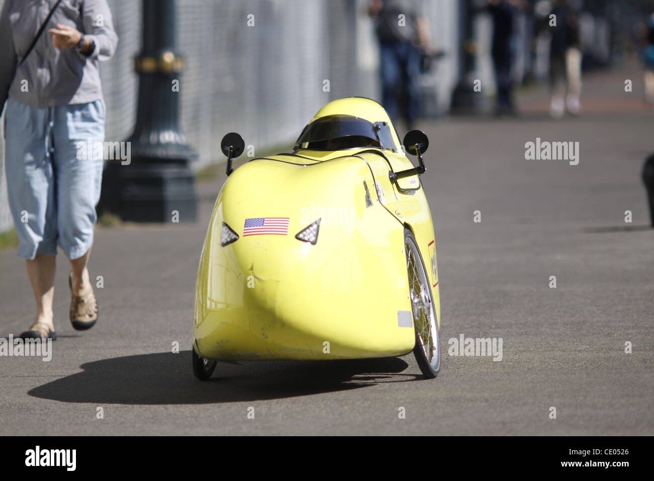 July 28, 2011 - New York, New York, U.S. - Fifty velomobile tricycle car riders will pedal from Portand, Oregon to Washington, DC in four weeks. (Credit Image: © John Marshall Mantel/ZUMAPRESS.com) Stock Photo