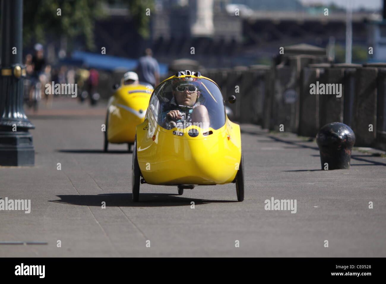 July 28, 2011 - New York, New York, U.S. - Fifty velomobile tricycle car riders will pedal from Portand, Oregon to Washington, DC in four weeks. (Credit Image: © John Marshall Mantel/ZUMAPRESS.com) Stock Photo