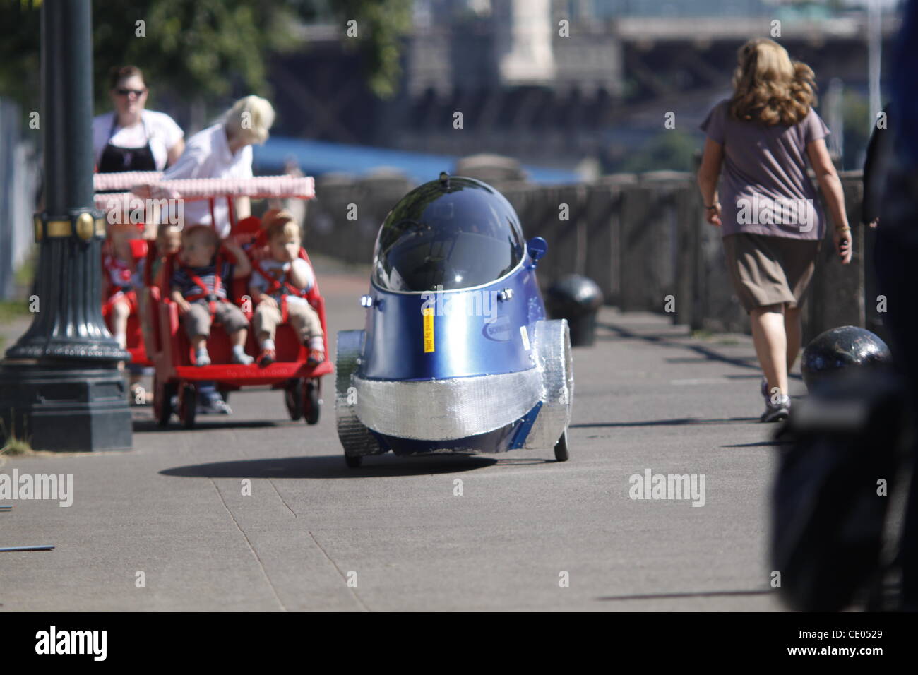 July 28, 2011 - New York, New York, U.S. - Fifty velomobile tricycle car riders will pedal from Portand, Oregon to Washington, DC in four weeks. (Credit Image: © John Marshall Mantel/ZUMAPRESS.com) Stock Photo