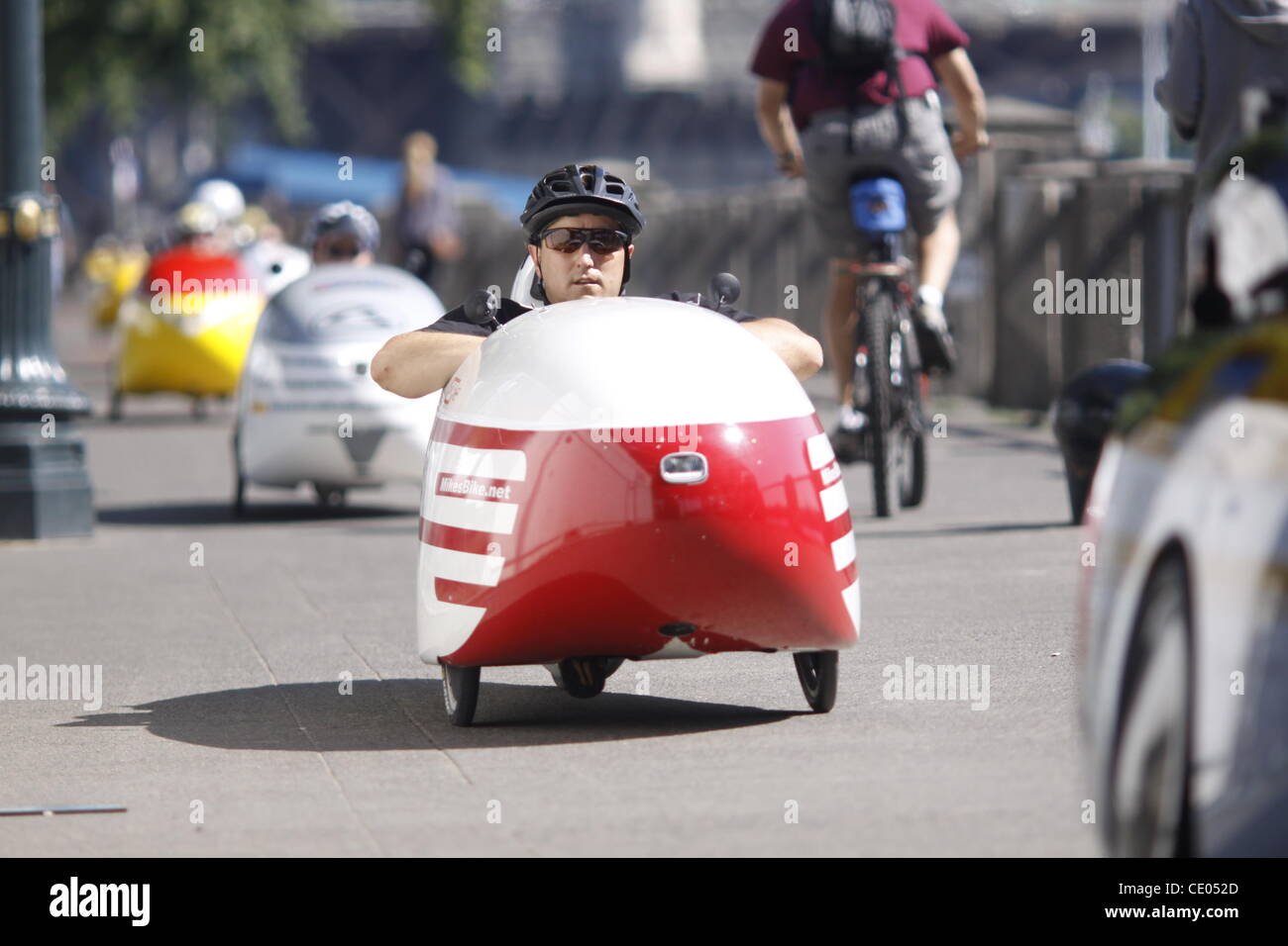 July 28, 2011 - New York, New York, U.S. - Fifty velomobile tricycle car riders will pedal from Portand, Oregon to Washington, DC in four weeks. (Credit Image: © John Marshall Mantel/ZUMAPRESS.com) Stock Photo