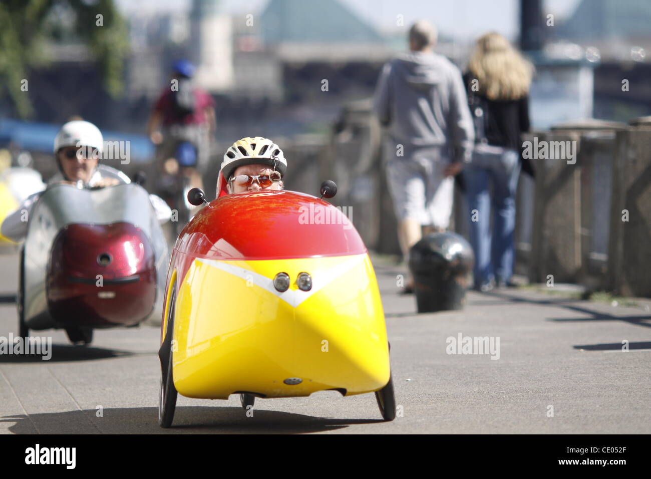 July 28, 2011 - New York, New York, U.S. - Fifty velomobile tricycle car riders will pedal from Portand, Oregon to Washington, DC in four weeks. (Credit Image: © John Marshall Mantel/ZUMAPRESS.com) Stock Photo