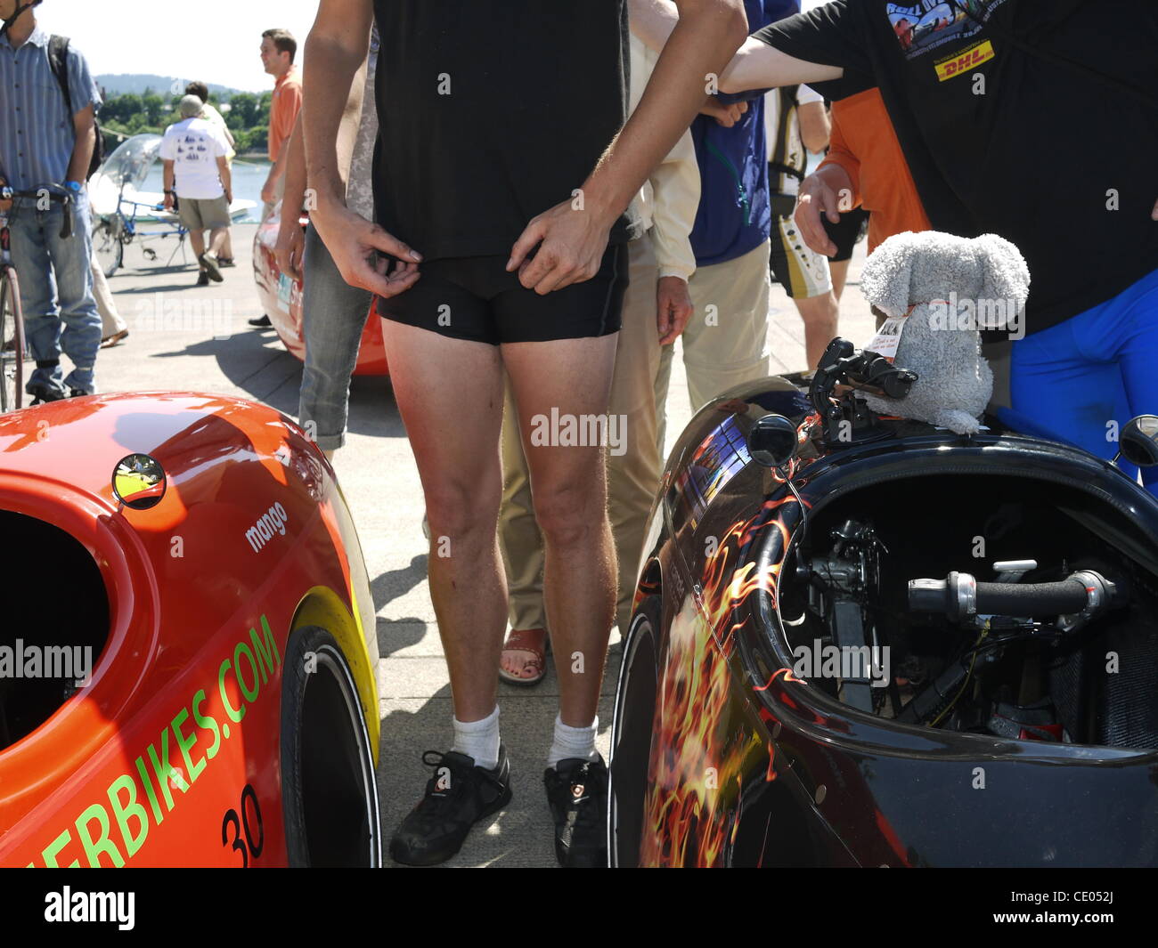 July 28, 2011 - New York, New York, U.S. - Fifty velomobile tricycle car riders will pedal from Portand, Oregon to Washington, DC in four weeks. (Credit Image: © John Marshall Mantel/ZUMAPRESS.com) Stock Photo