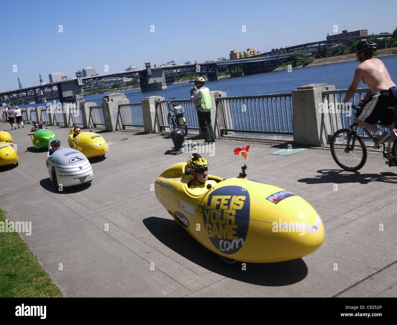 July 28, 2011 - New York, New York, U.S. - Fifty velomobile tricycle car riders will pedal from Portand, Oregon to Washington, DC in four weeks. (Credit Image: © John Marshall Mantel/ZUMAPRESS.com) Stock Photo