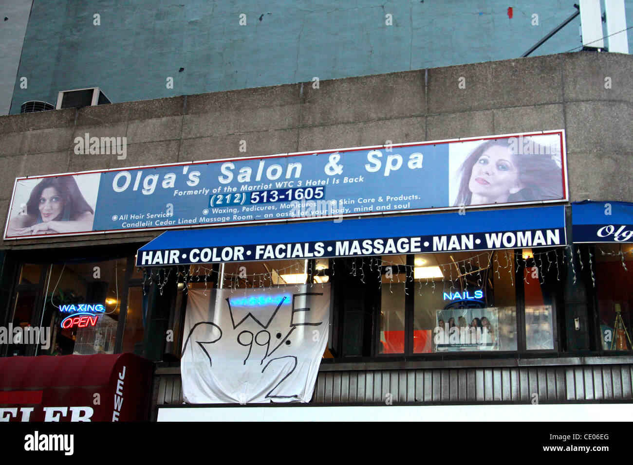 We R 99 2 At Olga S Salon Spa Near Occupy Wall Street Many Protesters Fear The Type Of Violent Police Invasion That Occurred In Oakland California Stock Photo Alamy