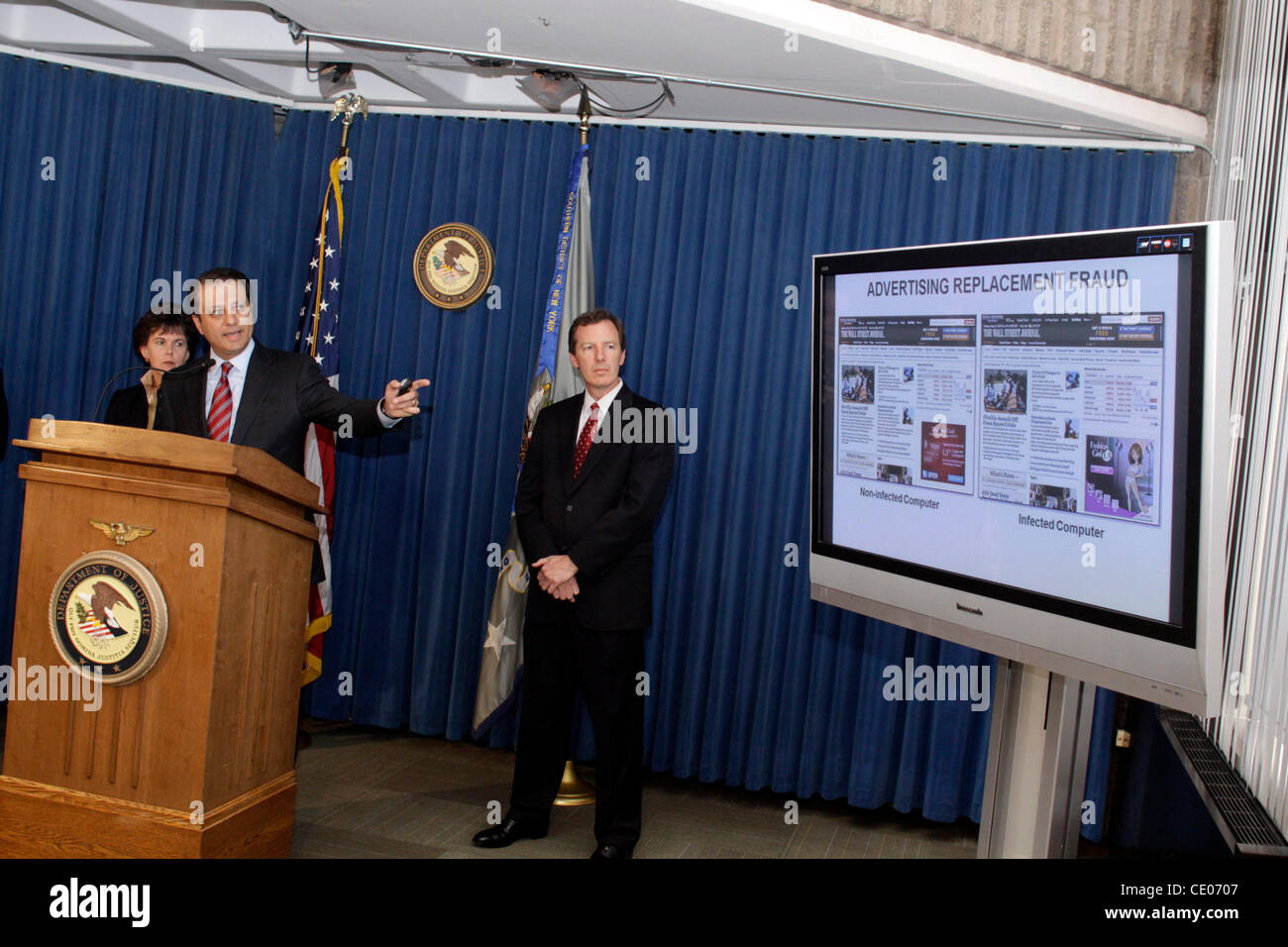 JANICE FEDARCYK, the Assistant Director-in-Charge of the New York Office of the FBI, PREET BHARARA, the United States Attorney for the Southern District of New York, and PAUL MARTIN, NASA Inspector General, announce charges against seven suspects in Estonia and Russia who are accused of using malwar Stock Photo