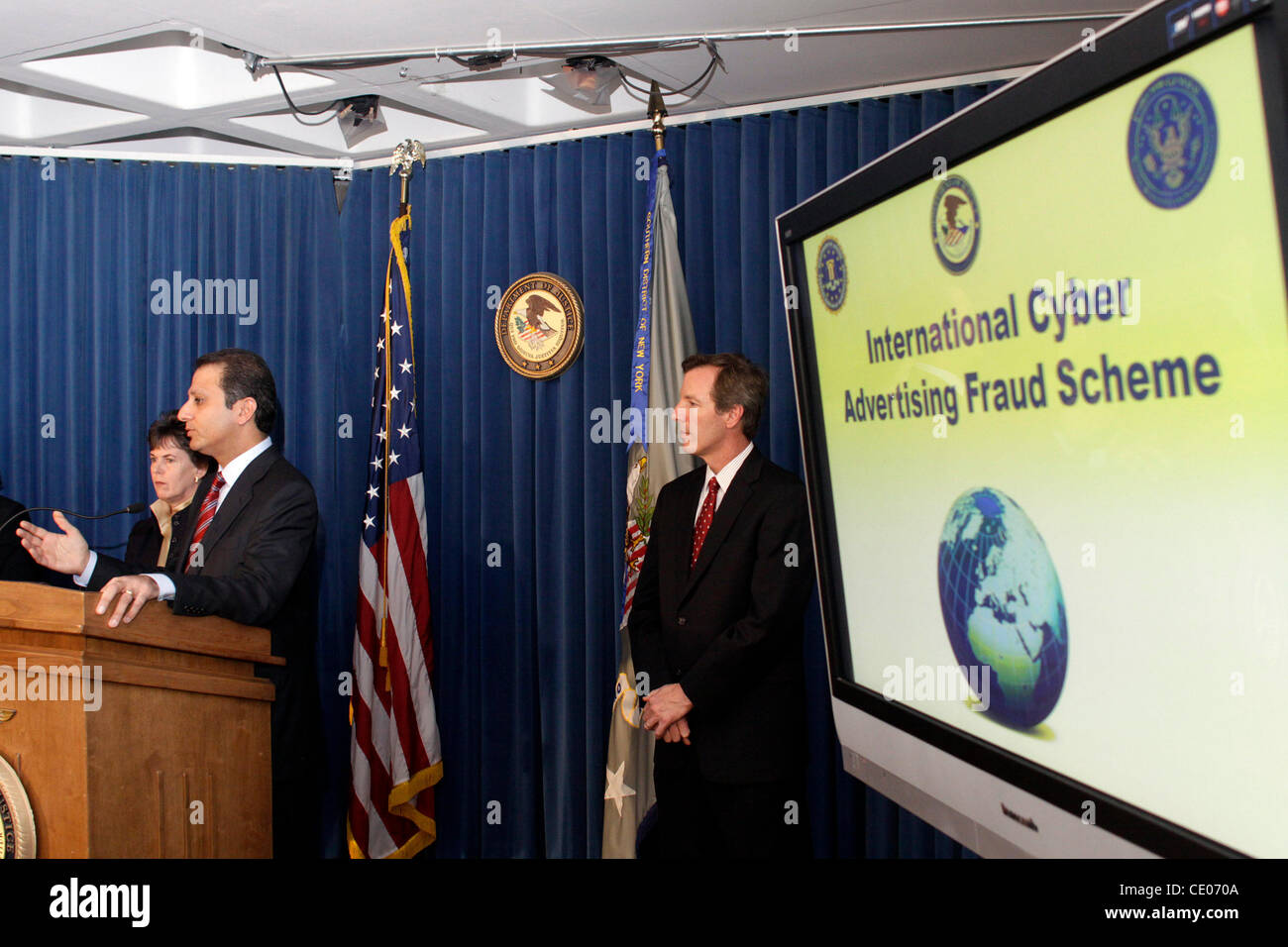 JANICE FEDARCYK, the Assistant Director-in-Charge of the New York Office of the FBI, PREET BHARARA, the United States Attorney for the Southern District of New York, and PAUL MARTIN, NASA Inspector General, announce charges against seven suspects in Estonia and Russia who are accused of using malwar Stock Photo