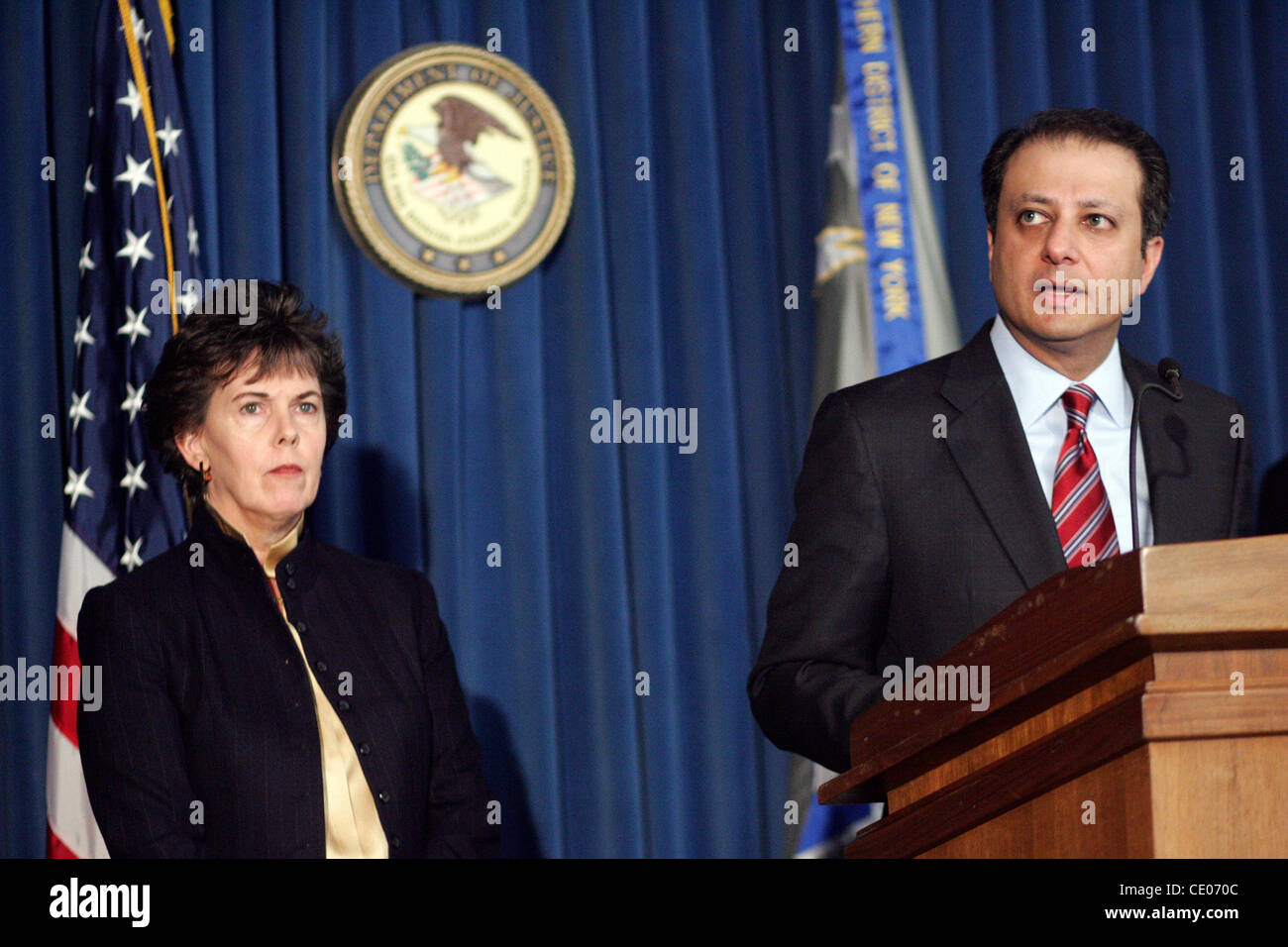 JANICE FEDARCYK, the Assistant Director-in-Charge of the New York Office of the FBI, and PREET BHARARA, the United States Attorney for the Southern District of New York announce charges against seven suspects in Estonia and Russia who are accused of using malware to infect millions of computers arou Stock Photo