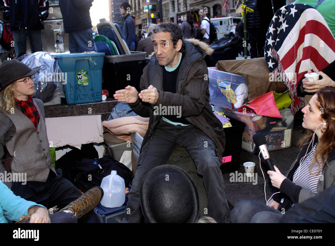 Author and teacher DOUGLAS RUSHKOFF speaks at Occupy Wall Street in Zuccotti Park. Rushkoff focuses on the ways people, cultures, and institutions create, share, and influence each other's values. He teaches media studies at NYU and the New School University, serves as technology columnist for The D Stock Photo