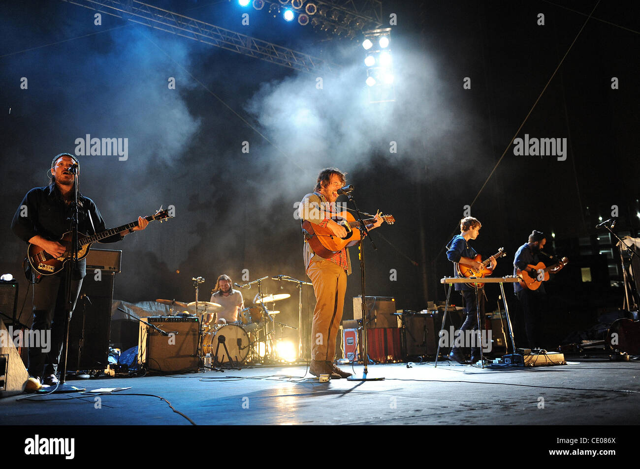 Sept 21, 2011 - Raleigh, North Carolina; USA -  (R-L) Singer / Guitarist ROBIN PECKNOLD, Bass Guitarist CHRISTIAN WARGO , Drummer J. TILLMAN, Guitarist SKYLER SKJELSET, Keybordist CASEY WESCOT and Musician MORGAN HENDERSON of the band Fleet Foxes performs live as their 2011 tour makes a stop at the  Stock Photo