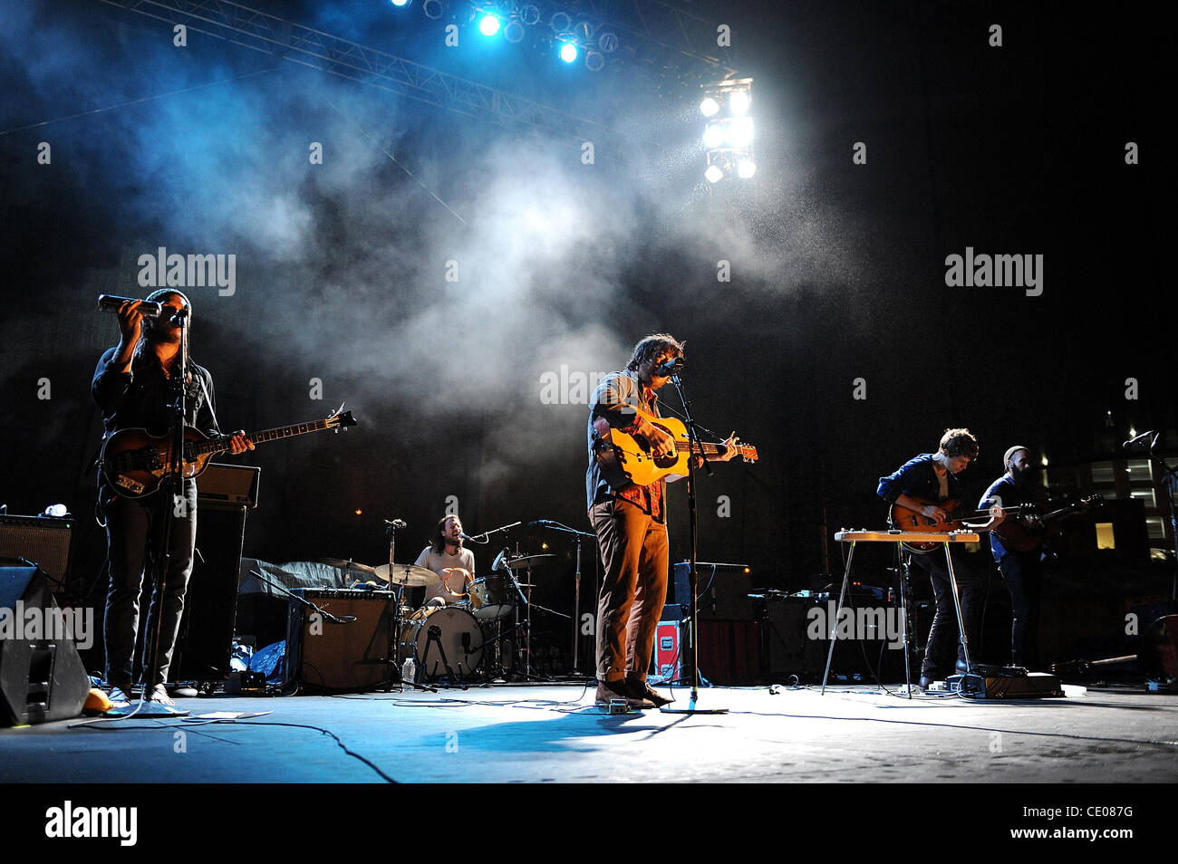 Sept 21, 2011 - Raleigh, North Carolina; USA -  (R-L) Singer / Guitarist ROBIN PECKNOLD, Bass Guitarist CHRISTIAN WARGO , Drummer J. TILLMAN, Guitarist SKYLER SKJELSET, Keybordist CASEY WESCOT and Musician MORGAN HENDERSON of the band Fleet Foxes performs live as their 2011 tour makes a stop at the  Stock Photo