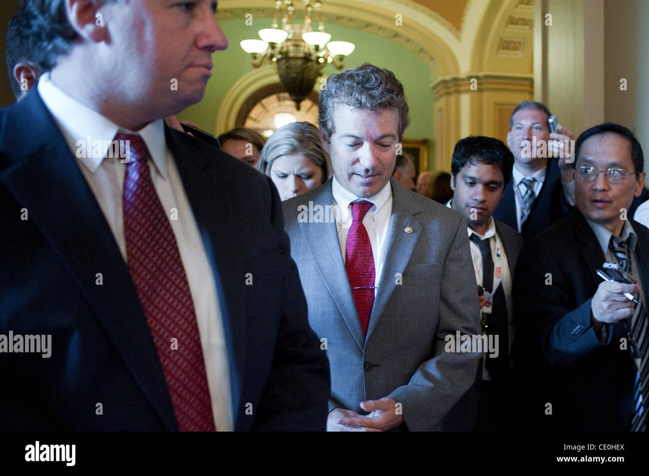 Aug. 1, 2011 - Washington, District of Columbia, U.S. - Senator RAND PAUL (R-KY) speaks with reporters following meetings with Senate Republicans on the debt ceiling bill. (Credit Image: © Pete Marovich/ZUMAPRESS.com) Stock Photo