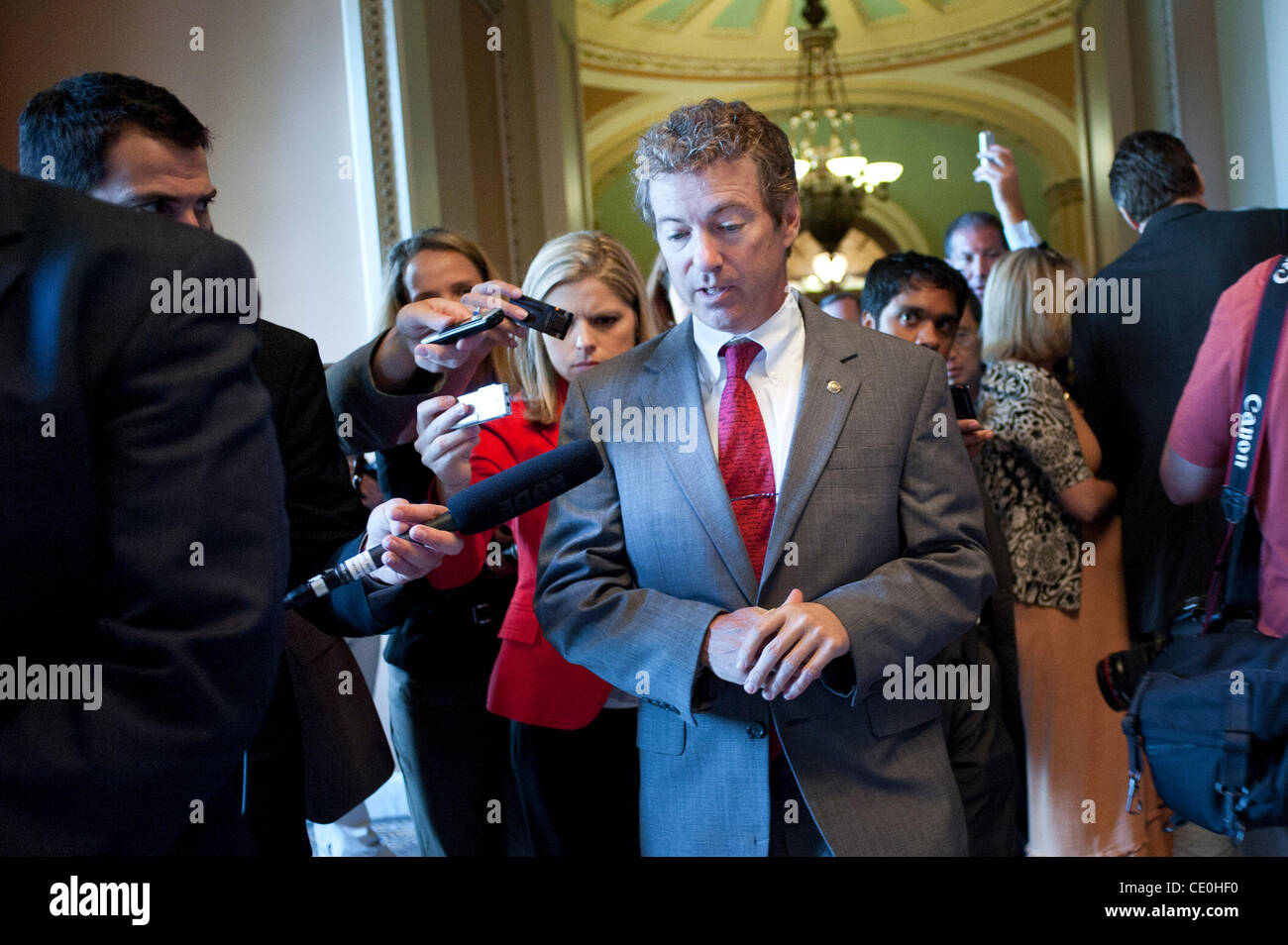 Aug. 1, 2011 - Washington, District of Columbia, U.S. - Senator RAND PAUL (R-KY) speaks with reporters following meetings with Senate Republicans on the debt ceiling bill. (Credit Image: © Pete Marovich/ZUMAPRESS.com) Stock Photo