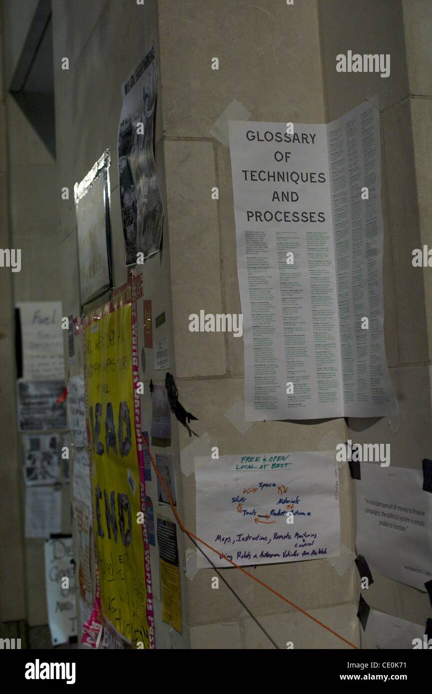 Oct. 24, 2011 - London, England, UK - Placards of all kinds are posted on walls outside St. Paul's Cathedral as part of 'Occupy London,' one of more than a thousand such demonstrations against financial instutions around the world. (Credit Image: © Mark Makela/ZUMAPRESS.com) Stock Photo