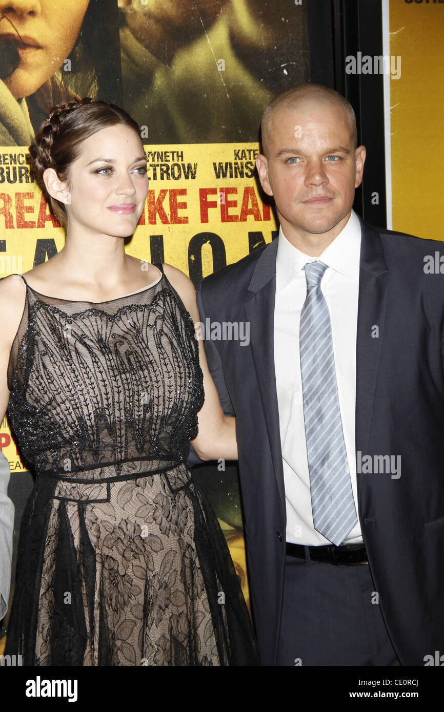 Sept. 7, 2011 - New York, New York, U.S. - Marion Cotillard and Matt Damon arrive for the premiere of ''Contagion'' at Frederick P. Rose Hall - Home of Jazz at Lincoln Center in New York on September 7, 2011.(Credit Image: Â© Sharon Neetles/Globe Photos/ZUMAPRESS.com) Stock Photo