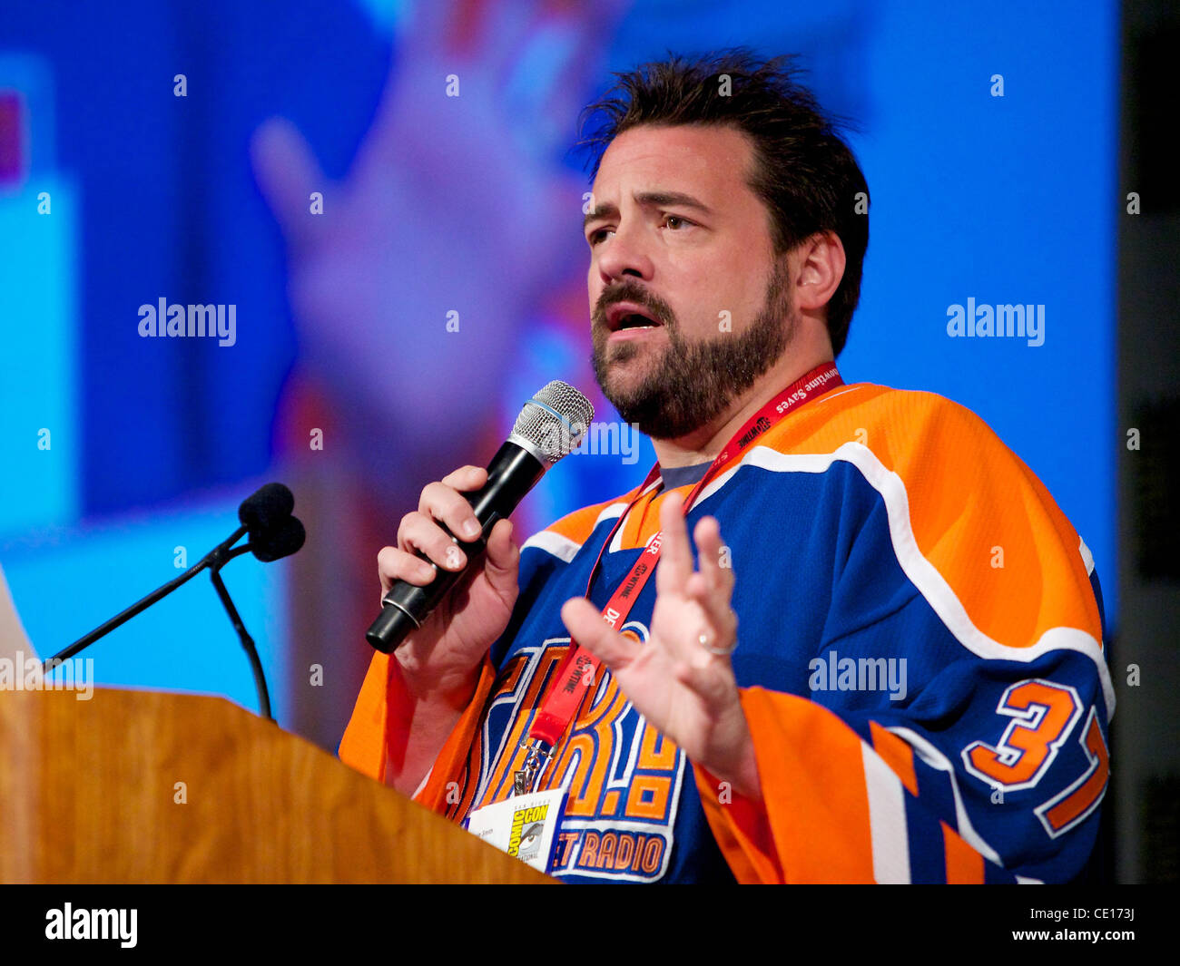 Kevin Smith moderating the Epix TV dodumentary  'Captains' which was directed and produced by William Shatner where he interviews fellow Star Trek Captains. Comic-Con is the largest comic book convention in the world and is held yearly at the San Diego Convention Center. Stock Photo