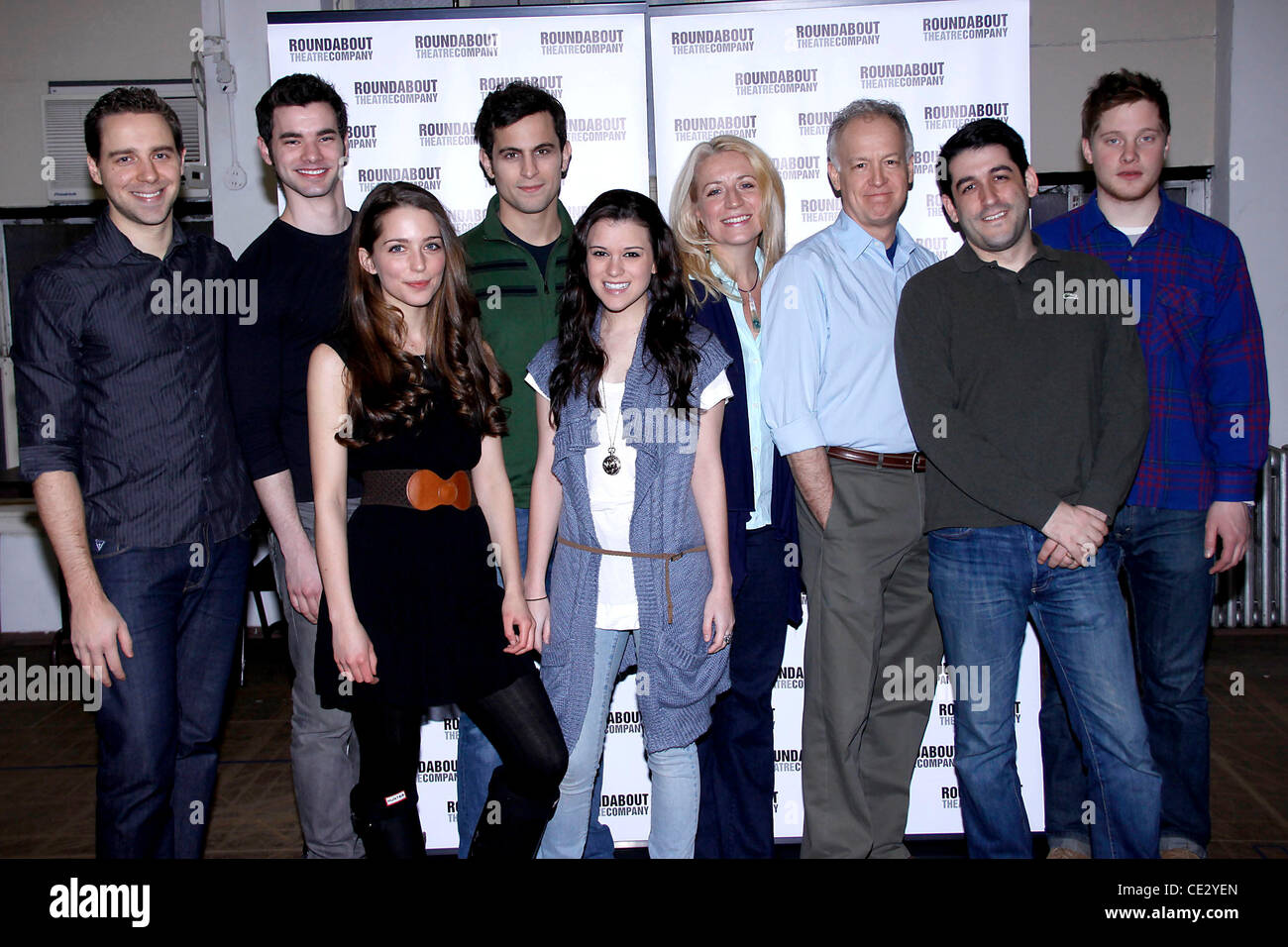 Jake O'Connor, Jessica Rothenberg, Alexandra Socha, Matt Dellapina, Kristie Dale Sanders, Reed Birney, David West Read and Evan Cabnet meet and greet with the cast of the Off-Broadway production 'The Dream of the Burning Boy' at the Roundabout Theatre Com Stock Photo