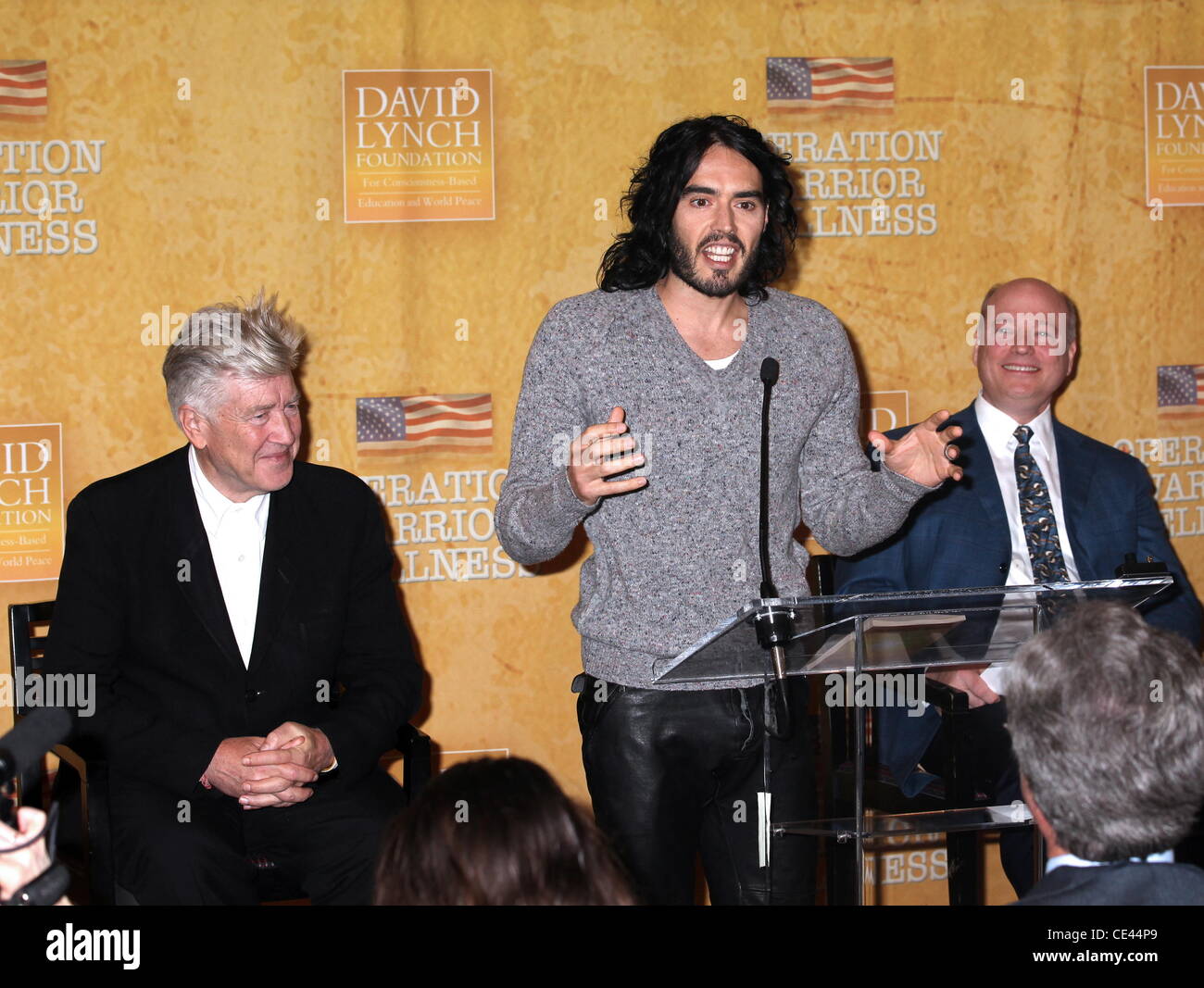 Donna Karan, Russell Brand and David Lynch Press conference for the launch of the 'David Lynch Foundation's Operation Warrior Wellness' held at Paley Center New York City, USA - 13.12.10 Stock Photo