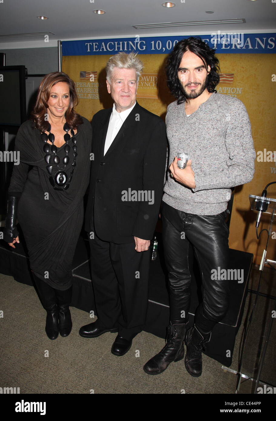 Donna Karan, David Lynch and Russell Brand Press conference for the launch of the 'David Lynch Foundation's Operation Warrior Wellness' held at Paley Center New York City, USA - 13.12.10 Stock Photo