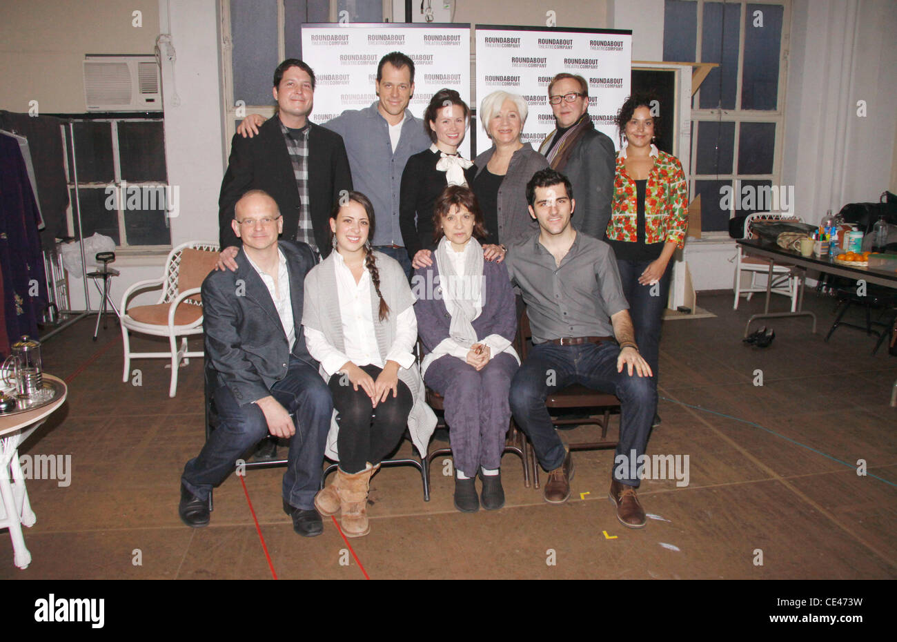 Curtis Billings, Darren Pettie, Maggie Lacey, Olympia Dukakis, Edward Hibbert and Elisa Bocanegra and  Michael Wilson Meet & Greet with the cast of the upcoming Off-Broadway production of 'The Milk Train Doesn't Stop Here Anymore' at the Roundabout Theatr Stock Photo