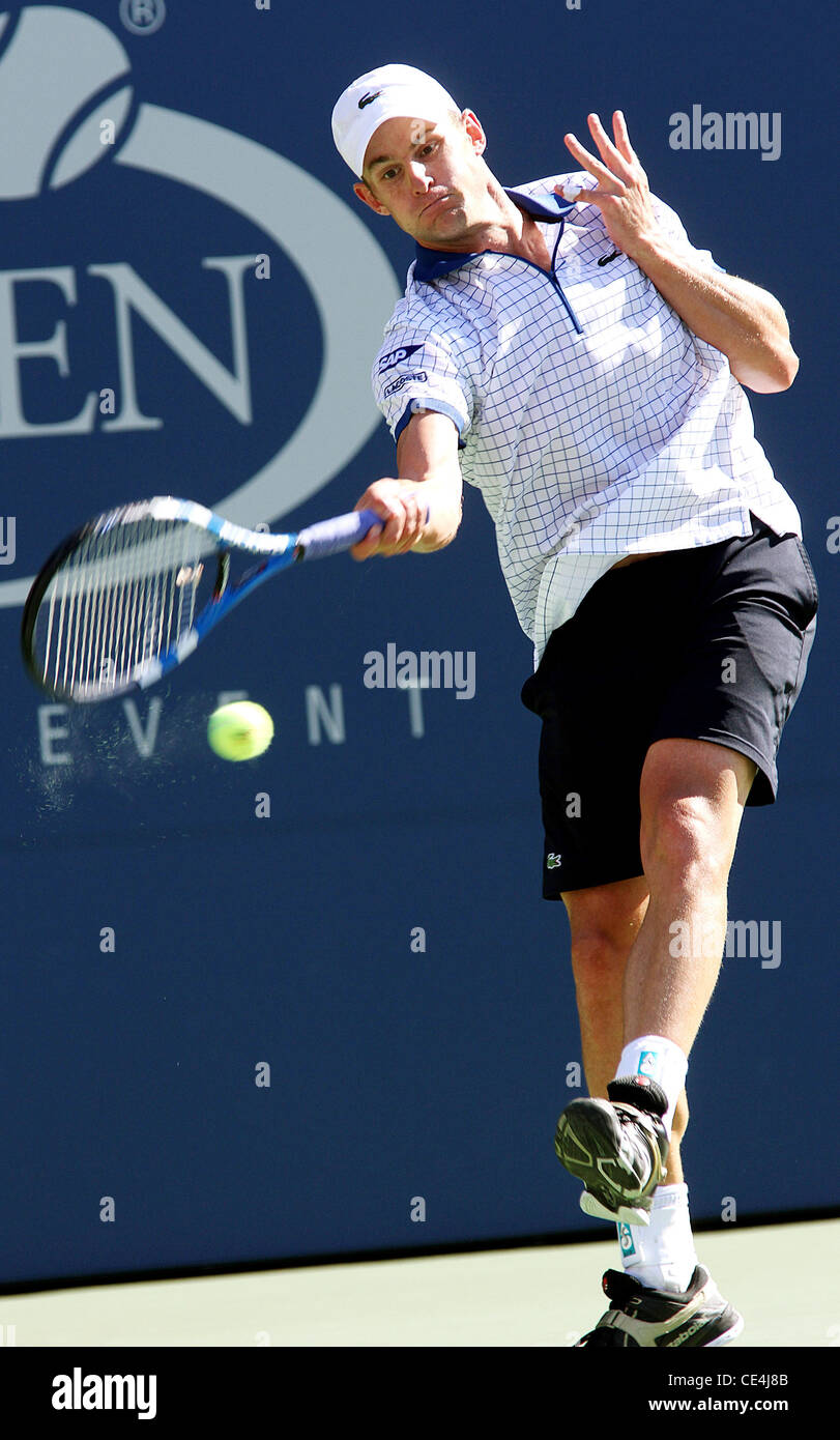 Andy Roddick of the United States competes against Stephane Robert of France during the Men's Singles Tournament on Day One of the 2010 U.S. Open, held at the USTA Arthur Ashe Stadium. Roddick beat Robert with a scor e of 6-3, 6-2, 6-2. New York City, USA Stock Photo