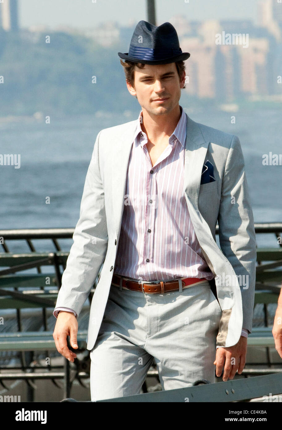 Matt Bomer on location filming a scene 