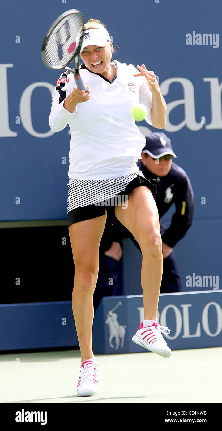 Vera Zvonareva of Russia competes in a women's singles match on Day 12 of the 2010 US Open at the USTA Arthur Ashe Stadium in Flushing, Queens. Zvonareva went on to defeat Caroline Wozniacki of Denmark by 6-4, 6-3 New York City, USA - 10.09.10 Stock Photo