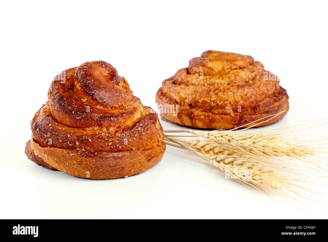 Cinnamon rolls with ear of wheat closeup on a white background Stock