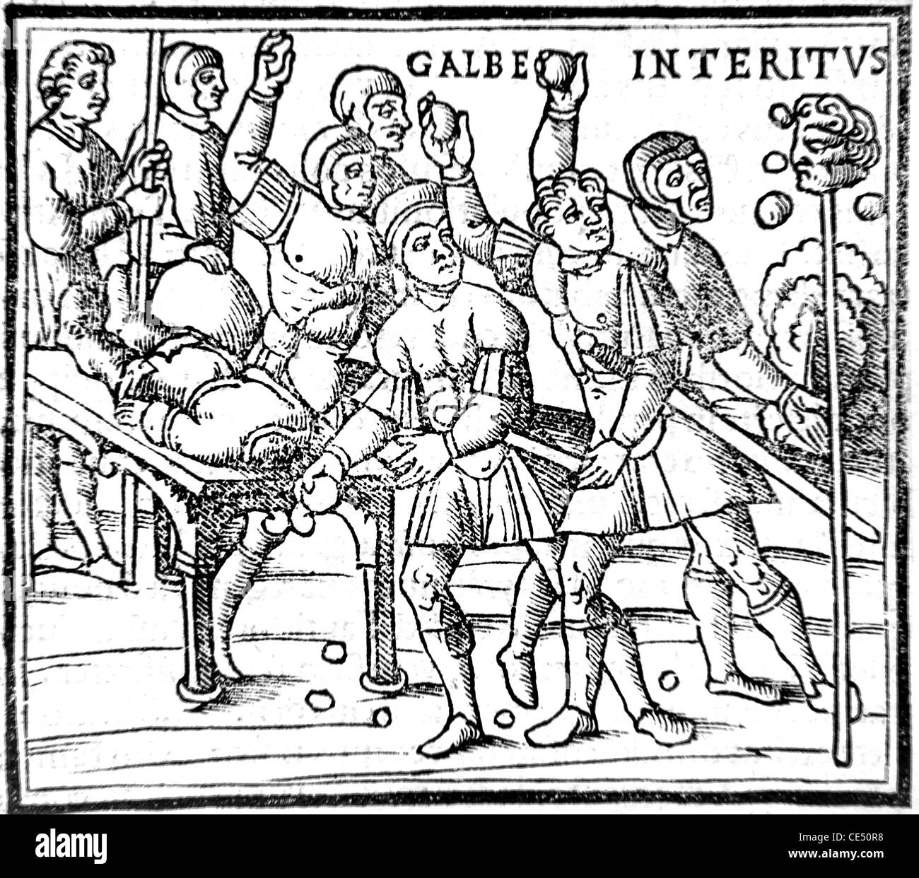The Death, Execution and Beheading of Roman Emperor Servius Sulpicius Galba, Emperor 68-69AD. c16th Wood Engraving Stock Photo