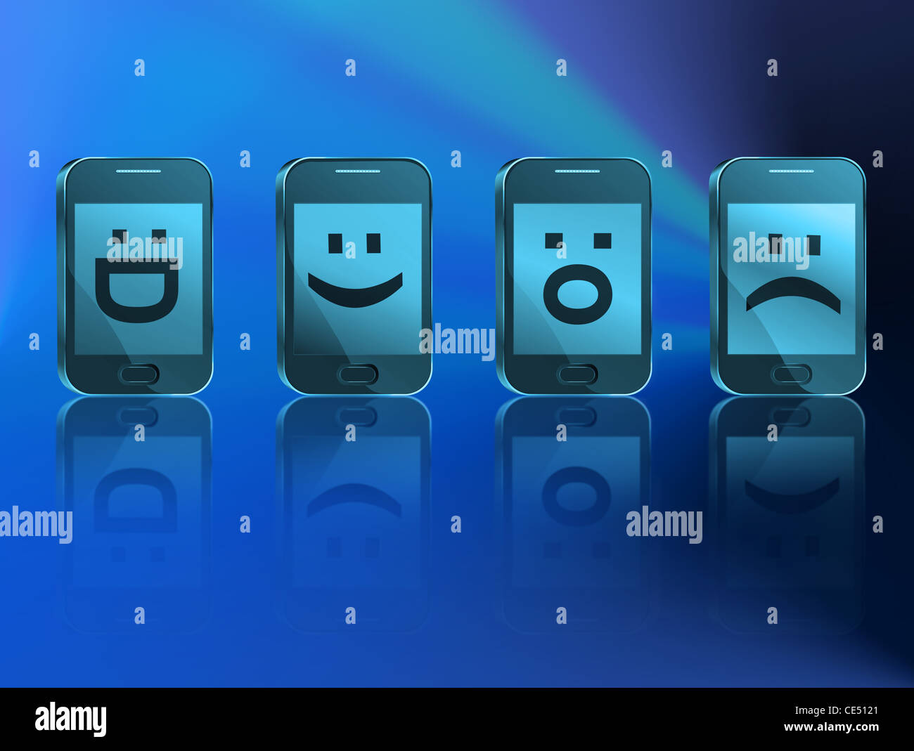 Illustration depicting four illuminated communication devices with blue