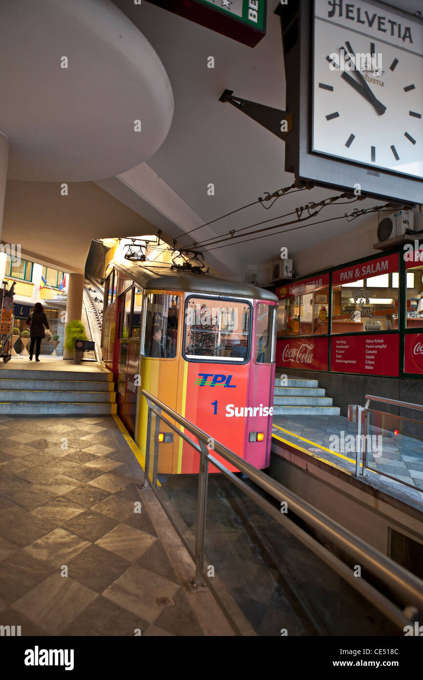Funicular in Lugano, Ticino, Switzerland, which connects the elevated train to downtown. Stock Photo